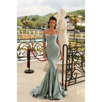 Vestido de noche largo de sirena con escote corazón, hombros descubiertos, fruncido y cuentas de satén