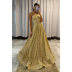 Vestido de fiesta dorado con tirantes finos y purpurina 