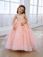 Vestido de princesa rosa para niña con apliques de encaje 