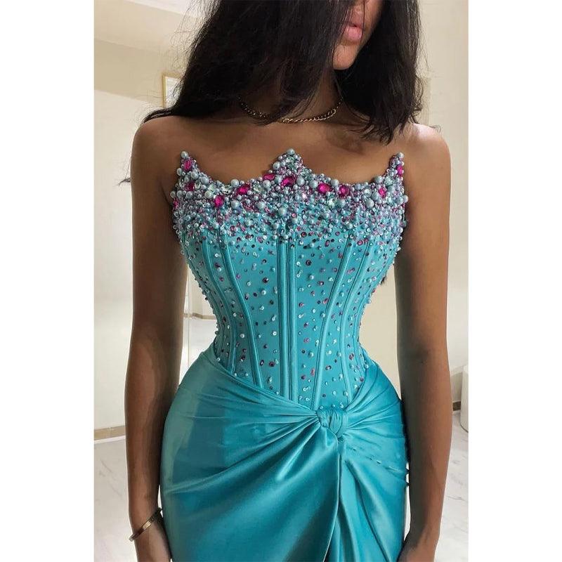 Etui-Linie/Säule, trägerlos, blau, mit Perlen besetzt, lang, formelles Abendkleid 