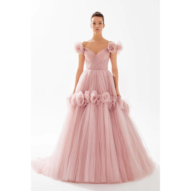 Schulterfreies Ballkleid mit V-Ausschnitt und Rüschen aus Tüll mit Blumenmuster, Abschlussball, Abendkleid