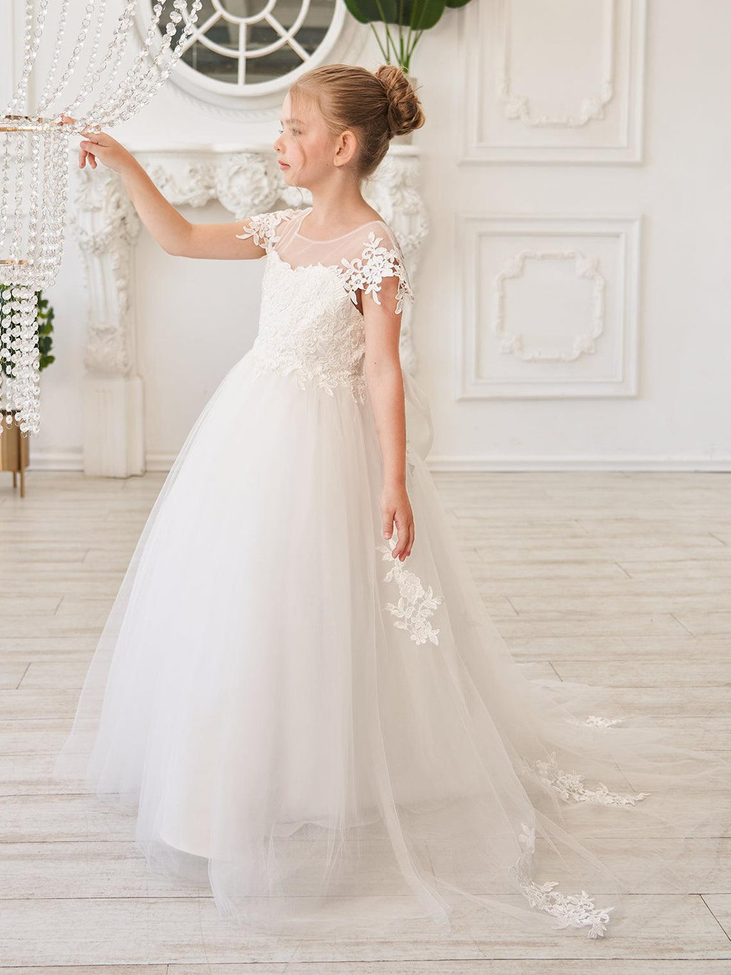 Vestido de princesa para primera comunión de niña de las flores, color marfil, con cola desmontable 