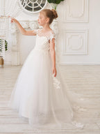 Vestido de princesa para primera comunión de niña de las flores, color marfil, con cola desmontable 