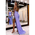 Vestido de fiesta largo con tirantes finos, lentejuelas y cuentas brillantes con abertura