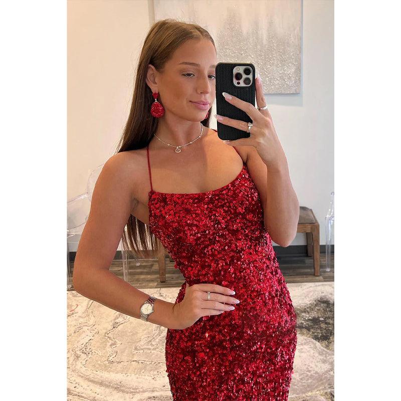 Trumpet/mermaid Cross Straps Sequins Burgundy Long Prom Dress