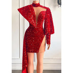 Vestido de fiesta de manga larga con lentejuelas y escote en V pronunciado 