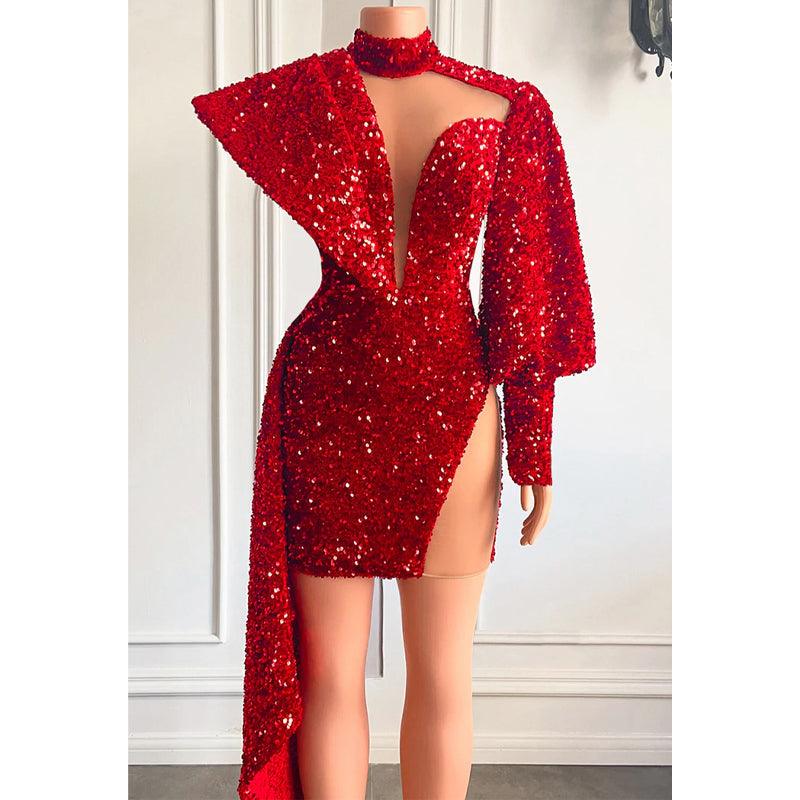 Vestido de fiesta de manga larga con lentejuelas y escote en V pronunciado 