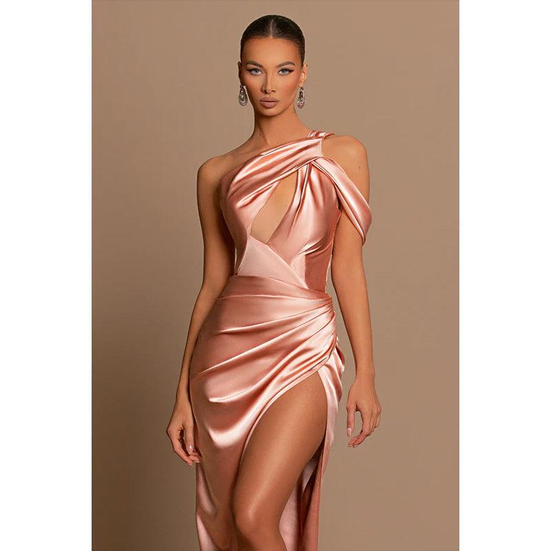 Etui-Linie/Säule Eine Schulter Plissee Satin Langes Abendkleid 