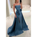 Vestido de noche de satén con escote en forma de A, estampado floral y abertura para fiesta de graduación 