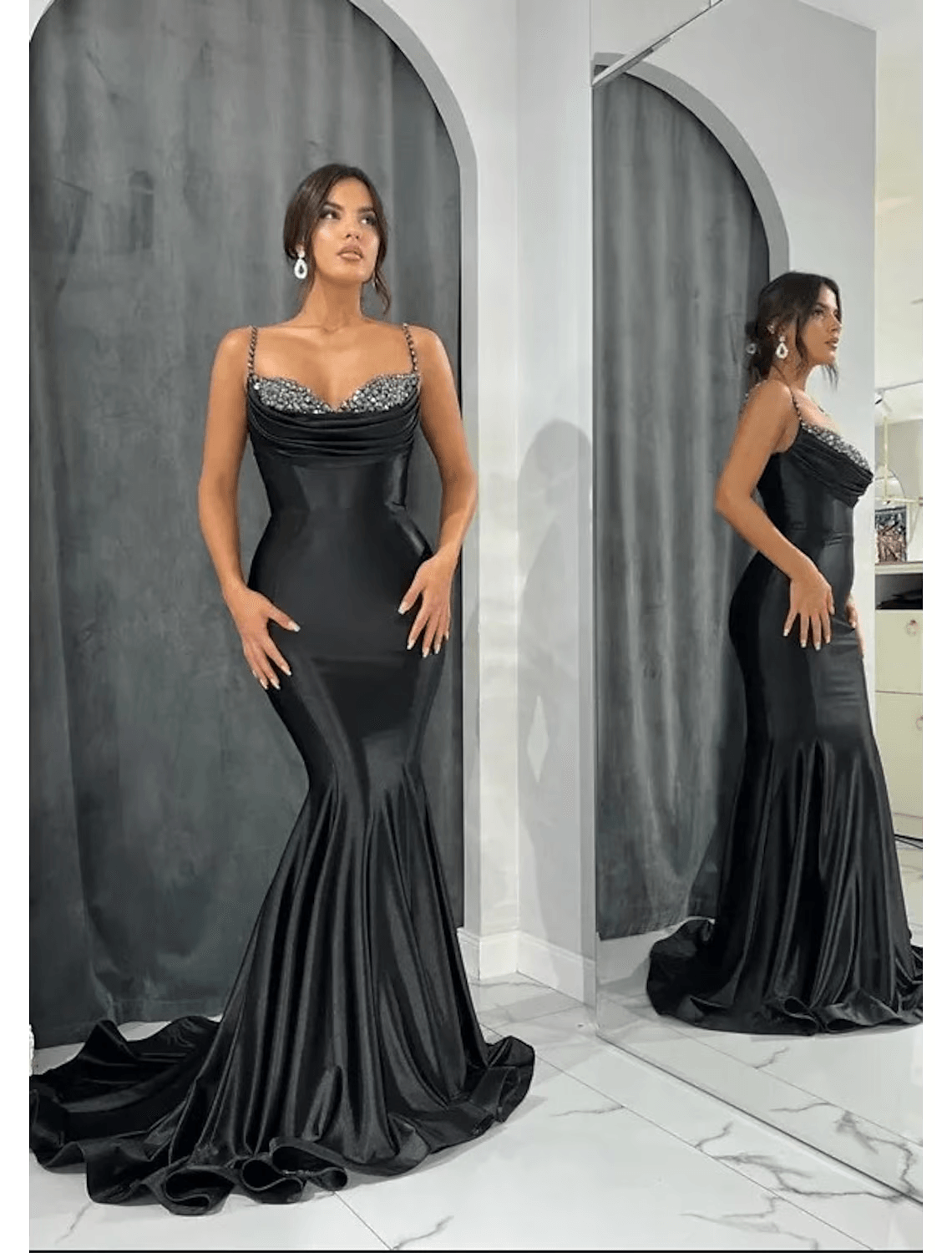 Meerjungfrau/Trompete Abendkleid mit offenem Rücken, formeller Abend, Hofschleppe, ärmellos, Herzausschnitt, Charmeuse mit Glitzerkristallen