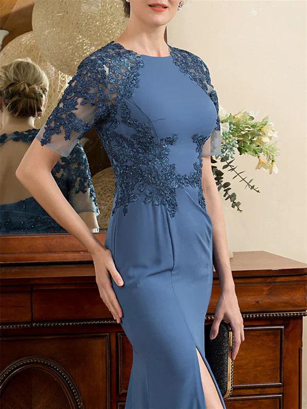 Vestidos de madre de la novia, corte trompeta, mangas cortas, largo hasta el tobillo con abertura