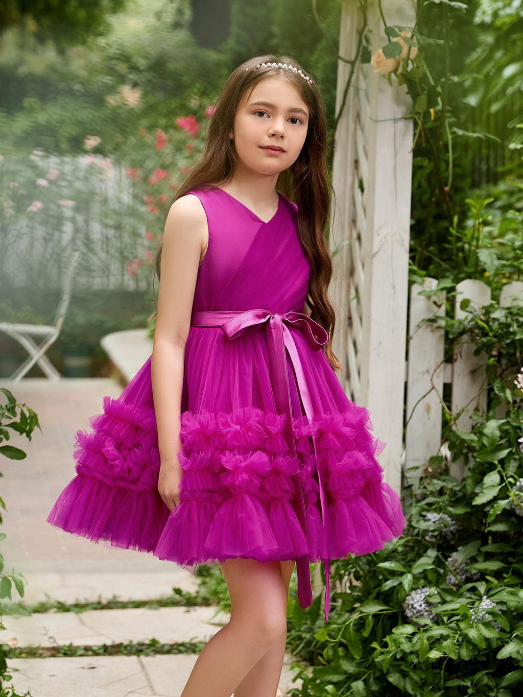 Vestido de niña de flores de tul fucsia sin mangas con volantes (010225236) 