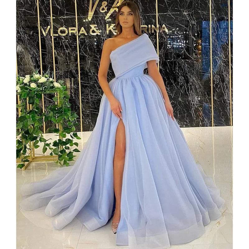 Vestido de noche formal de fiesta largo con abertura alta y un solo hombro único 