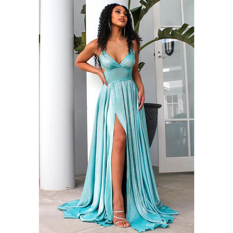 Langes Ballkleid mit Spaghettiträgern, V-Ausschnitt, hohem Schlitz 