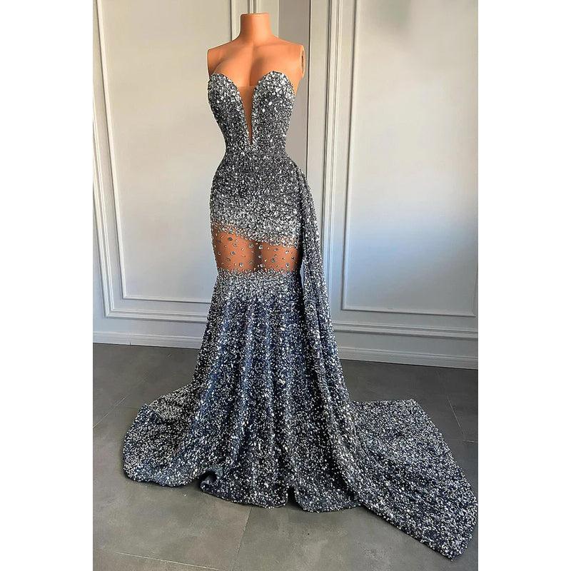 Vestido de fiesta de noche estilo sirena, sexy y atractivo, con lentejuelas, escote en V, sin mangas y volantes