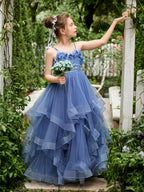 Schieferblaues ärmelloses A-Linien-Prinzessinnenkleid aus Tüll für Blumenmädchen 