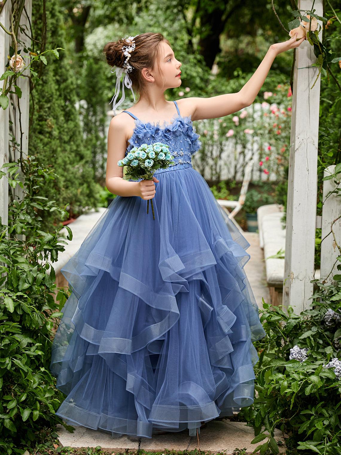 Schieferblaues ärmelloses A-Linien-Prinzessinnenkleid aus Tüll für Blumenmädchen 