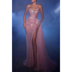 Glitter Fitted Strapless Sleeveless with Side Slit Sequined Party Prom Evening Dress