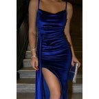 Tailliertes Party-Ballkleid mit Spaghettiträgern und Falten und seitlichem Schlitz, Schleppe, Abendkleid 