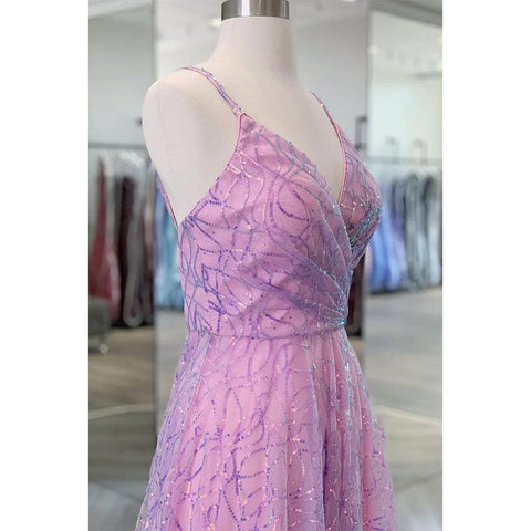 Purple Sequins Lace V-neck A-line Prom Dress Glitter