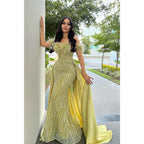 Sheath Off-shoulder Sequins Feather Long Prom Dress with Train Evening Gowns