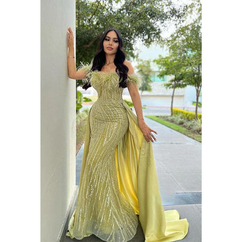 Sheath Off-shoulder Sequins Feather Long Prom Dress with Train Evening Gowns