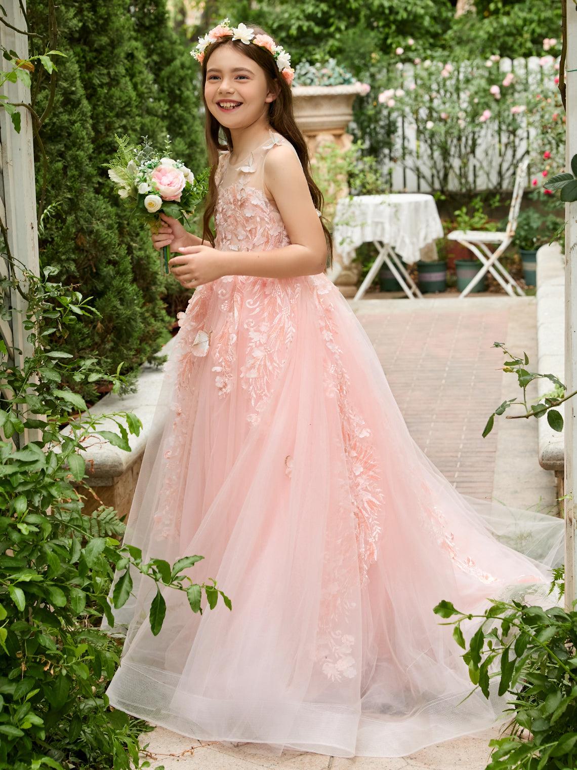 Vestido de princesa rosa para niña con apliques de encaje 