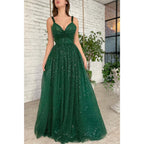 Vestido de fiesta largo verde brillante con lentejuelas y tirantes finos para mujer con bolsillos 