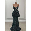 Vestido de noche largo verde con lentejuelas y cuentas, sin tirantes y brillante 