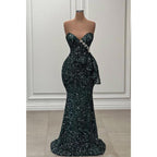 Vestido de noche largo verde con lentejuelas y cuentas, sin tirantes y brillante 