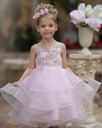Elegante vestido rosa hasta la rodilla para niña de las flores con apliques florales 