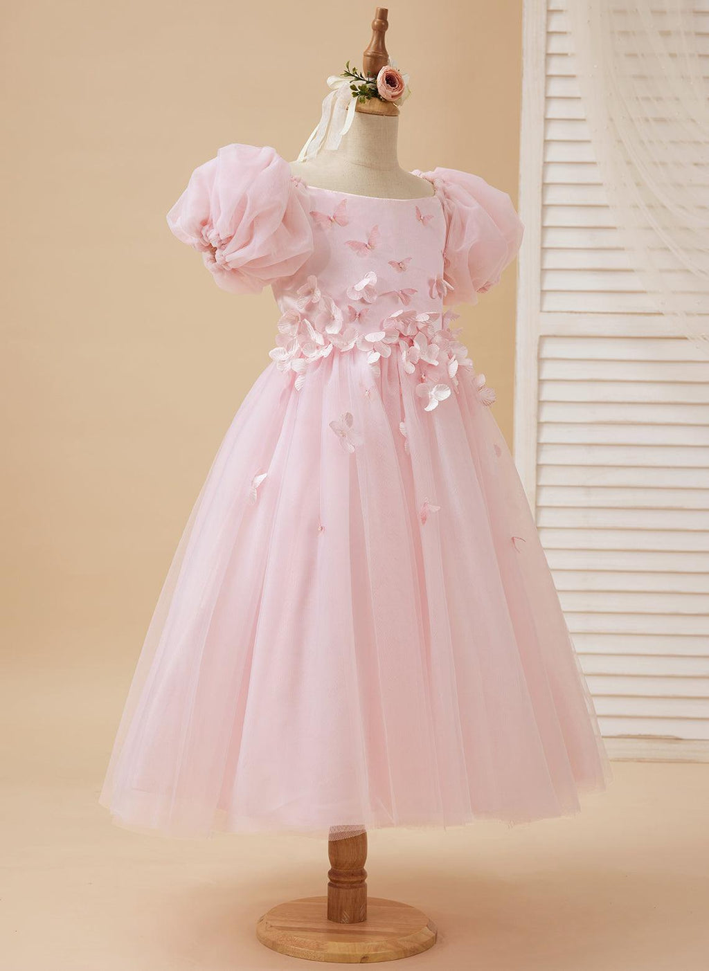 Vestido de tul para niña de las flores, largo hasta la rodilla, con mangas abullonadas y hombros descubiertos, apliques florales 3D 