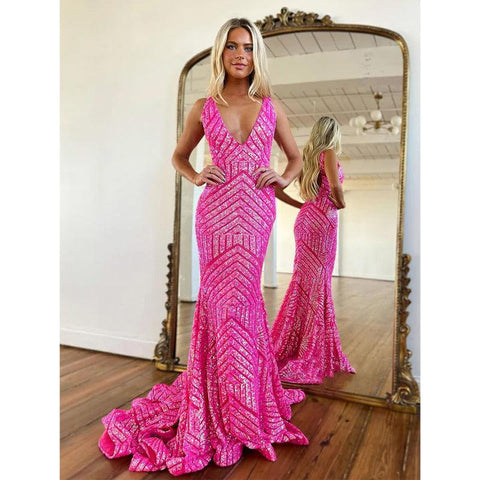 Sexy V Neck Sequins Mermaid Prom Dress Glitter