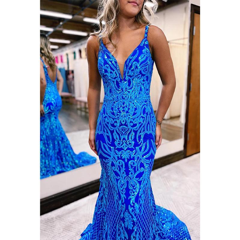 Vestido de fiesta largo de sirena con escote en V pronunciado y apliques de lentejuelas