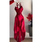 Burgunderrotes formelles Partykleid mit Spaghettiträgern und V-Ausschnitt und Spitze 