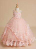 Vestido de princesa de tul sin mangas con apliques de encaje y cola larga para niñas 