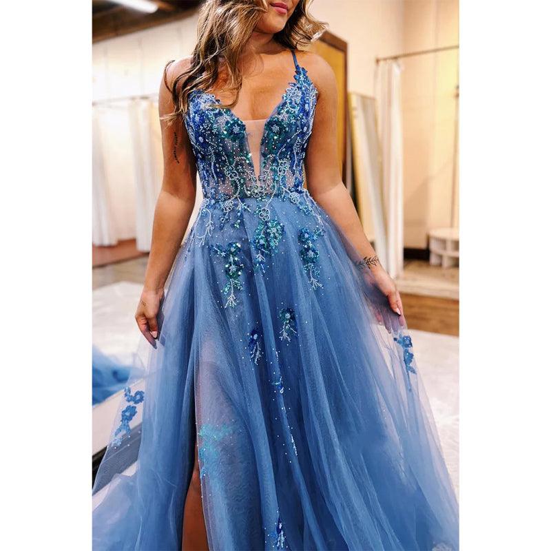 Vestido de noche para fiesta de graduación, corte en A, escote en forma de corazón, tirantes finos, apliques y abertura lateral 