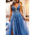 Vestido de noche para fiesta de graduación, corte en A, escote en forma de corazón, tirantes finos, apliques y abertura lateral 