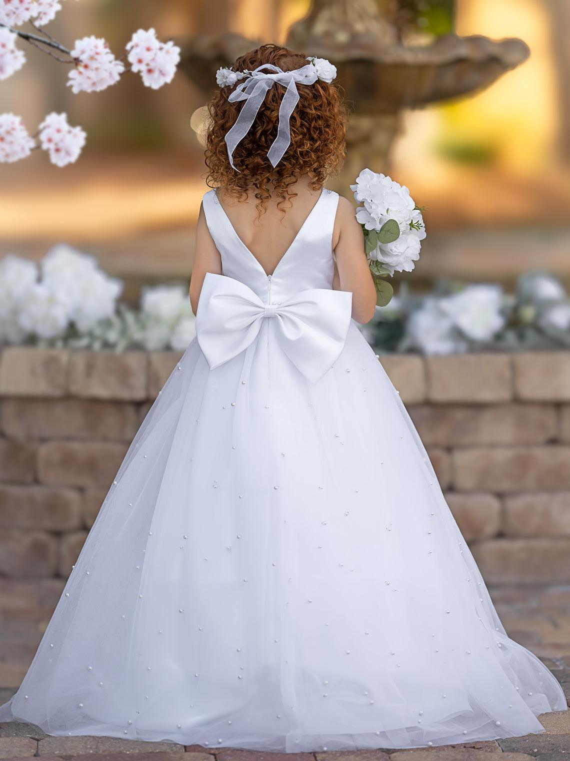 Elegante vestido de princesa de satén y tul para niña de las flores 