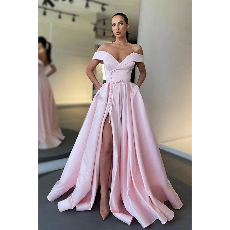 Vestido de fiesta único de satén con hombros descubiertos, corte A y bolsillos 