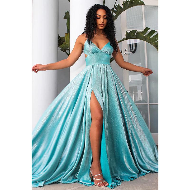 Langes Ballkleid mit Spaghettiträgern, V-Ausschnitt, hohem Schlitz 