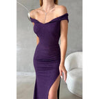 Sheath/column Glitter Off-shoulder Side Split Long Prom Formal Dress