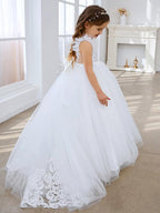 Vestido de princesa color marfil con apliques de encaje y cola de tul para niñas 