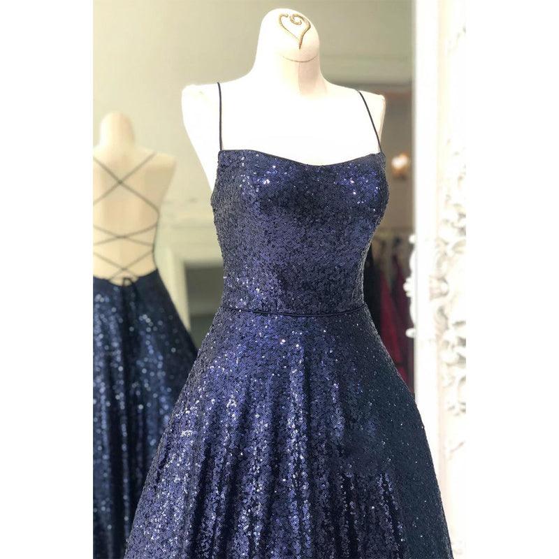 Vestido de fiesta único con lentejuelas brillantes en azul marino 