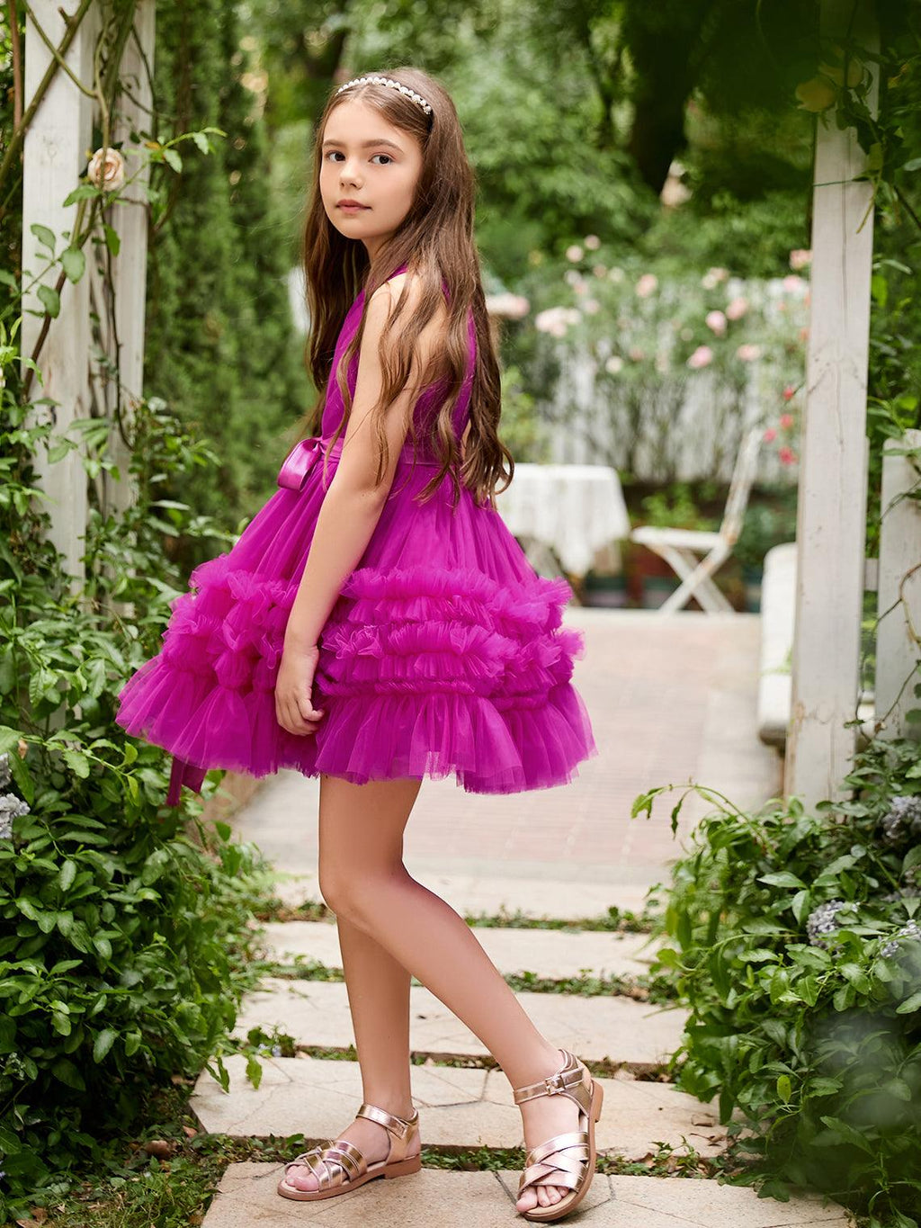 Vestido de niña de flores de tul fucsia sin mangas con volantes (010225236) 