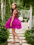 Vestido de niña de flores de tul fucsia sin mangas con volantes (010225236) 
