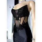 Vestido de noche sexy y atractivo con escote redondo, sin mangas, apliques y abertura lateral para fiesta y graduación