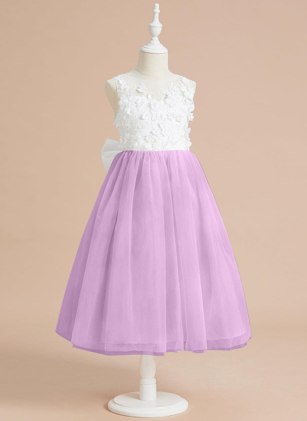 Vestido largo hasta la rodilla con encaje floral y lazo grande 