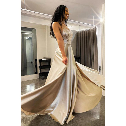 Damen A-Linie Ballkleid mit Spaghettiträgern, Spitzenapplikationen und Schlitz 