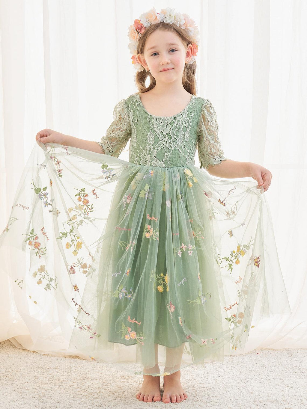 Sage Scoop Neck Cloth Surface and Tulle Flower Girl Dress